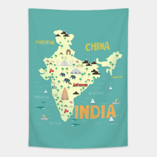 Illustrated India Map Tapestry