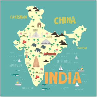 Illustrated India Map Posters and Art