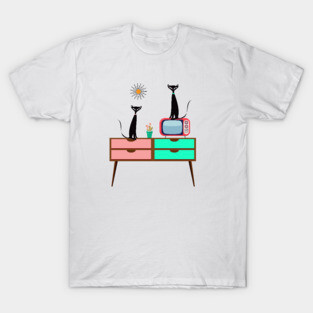 Mid Century Cats Sitting on a Retro TV Table T-Shirt