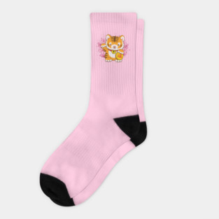Cute Lucky Tiger with Pastel Pink Sakura Kawaii Aesthetic Socks