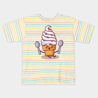 Cute Ice Cream Sitting And Holding Spoons Kids T-Shirt