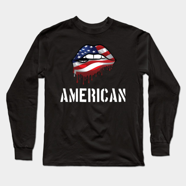 Patriotic Lips, Dripping Flag Lips, American Long Sleeve T-Shirt by Silly Me Studio