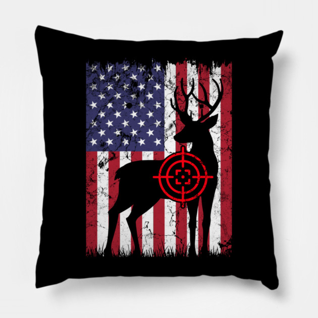 American Hunter, Deer Hunter, American Flag Pillow by Silly Me Studio