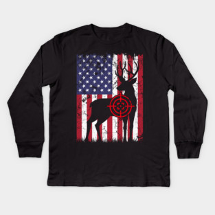 American Hunter, Deer Hunter, American Flag Kids Long Sleeve T-Shirt