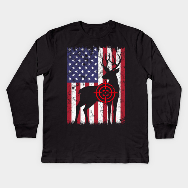 American Hunter, Deer Hunter, American Flag Kids Long Sleeve T-Shirt by Silly Me Studio
