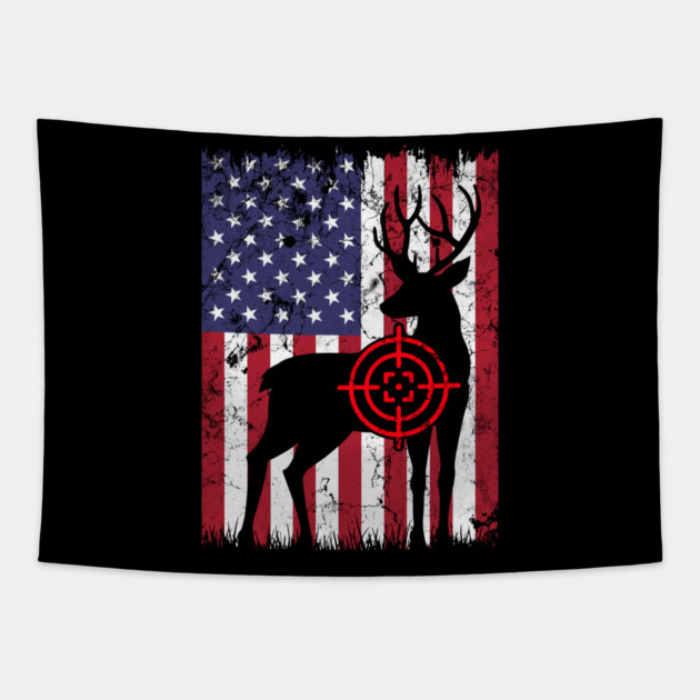American Hunter, Deer Hunter, American Flag Tapestry by Silly Me Studio