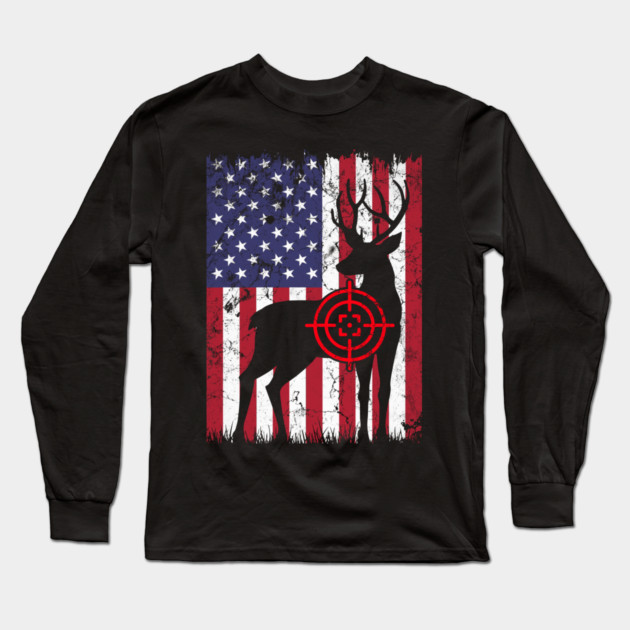 American Hunter, Deer Hunter, American Flag Long Sleeve T-Shirt by Silly Me Studio