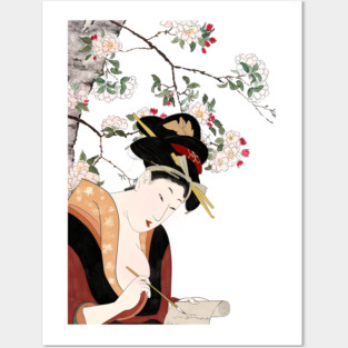 Japanese woodblock woman portrait woman writing Posters and Art
