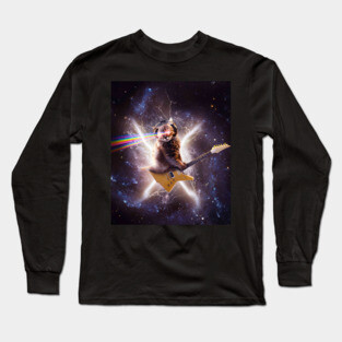 Laser Cat Riding Guitar In Outer Space Galaxy Lightning Long Sleeve T-Shirt