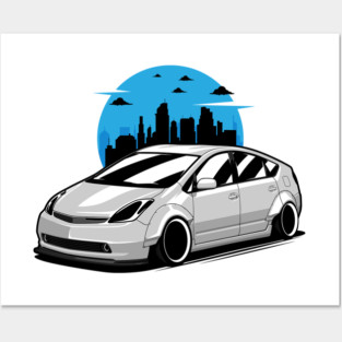 White Prius Widebody in City Skyline Posters and Art