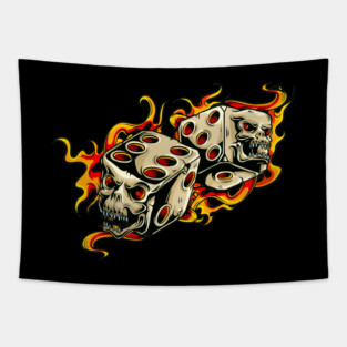 Grinning skull dice and flames Tapestry