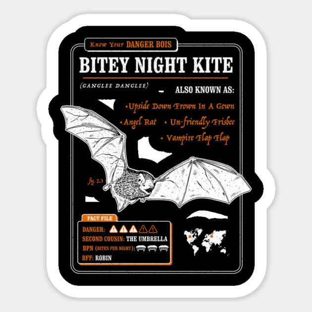 Funny Bat Fact File - Bitey Night Kite Sticker by dumbshirts