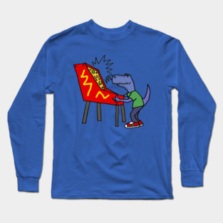 Funny T-rex Dinosaur Playing Pinball Cartoon Long Sleeve T-Shirt