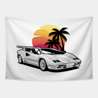 White Countach Sunset Miami Tapestry