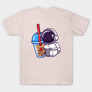 Cute Astronaut Holding Boba Milk Tea Cartoon T-Shirt