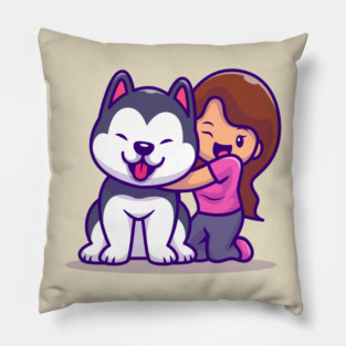 Cute Girl With Husky Dog Pillow