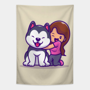 Cute Girl With Husky Dog Tapestry