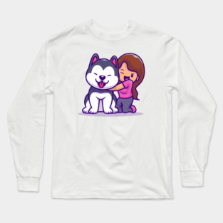 Cute Girl With Husky Dog Long Sleeve T-Shirt