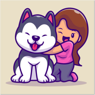 Cute Girl With Husky Dog Posters and Art