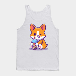 Cute Corgi Drink Milk Tea Boba Tank Top