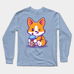 Cute Corgi Drink Milk Tea Boba Long Sleeve T-Shirt