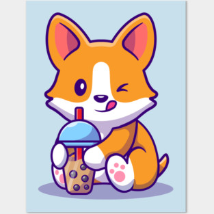 Cute Corgi Drink Milk Tea Boba Posters and Art