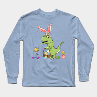 Cute Baby Dinosaur with Easter Basket and Bunny Ears Long Sleeve T-Shirt