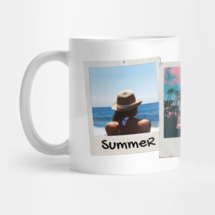 Summer Keep Going // Polaroid photo and inscription. Girl with a hat sits on the shore. Coconut palm. Pink clouds. Surfing woman Mug
