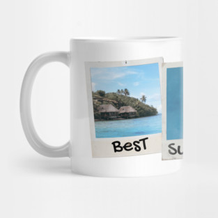 Best Summer Ever // Polaroid photo and inscription. Tropical paradise island, girls in swimsuits surfing, coconut palm Mug