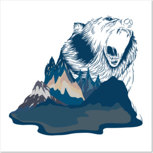 Bear Roaring in Blue Mountain Landscape | Gift Idea for Travelers who love Hiking or Camping | Wanderlust Posters and Art
