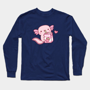 Cute Axolotl Drinking Strawberry Milk Long Sleeve T-Shirt