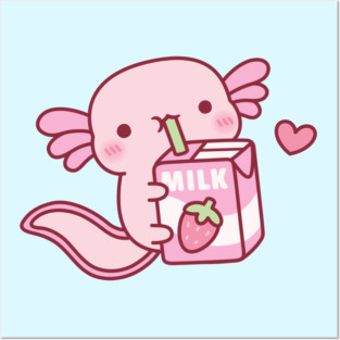 Cute Axolotl Drinking Strawberry Milk Posters and Art