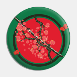 Katana and red flowers branch Pin