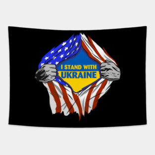 I stand With Ukraine American Flag Ukrainian Flag Tapestry