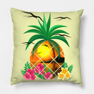Pineapple Tropical Sunset, PalmTree and Flowers Pillow