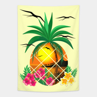 Pineapple Tropical Sunset, PalmTree and Flowers Tapestry
