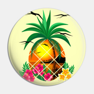 Pineapple Tropical Sunset, PalmTree and Flowers Pin