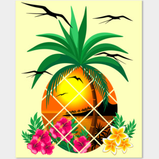 Pineapple Tropical Sunset, PalmTree and Flowers Posters and Art