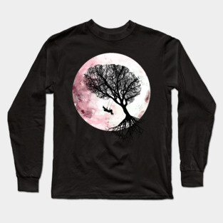 Pink moon, tree and young girl on swing ,cute, space, night, aesthetic, nature Long Sleeve T-Shirt
