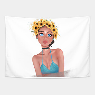 Ukrainian girl, sunflower girl, no war, please peace, Ukrainian merch Tapestry
