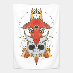 Demon Goat Head With Goth Skull Tapestry