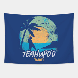 Retro Sunset Teahupo'o Tahiti Surfing // Retro Surfer Beach Tapestry
