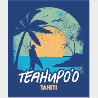 Retro Sunset Teahupo'o Tahiti Surfing // Retro Surfer Beach Posters and Art