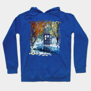 Snowy Blue Phone booth at winter zone Hoodie