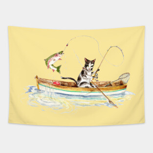 Cat Fishing on a Boat Tapestry