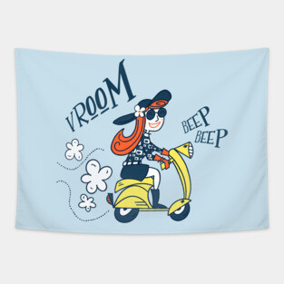 Cute and Fun Mid-Century Modern Girl on Yellow Italian Vespa Scooter Tapestry
