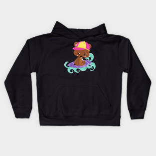 Cute Bear, Brown Bear, Little Bear, Surfing Board Kids Hoodie