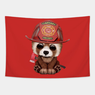 Cute Baby Red Panda Firefighter Tapestry