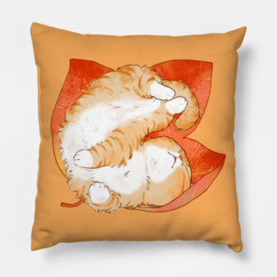 Orange Cat Sleep in Leaves Pillow