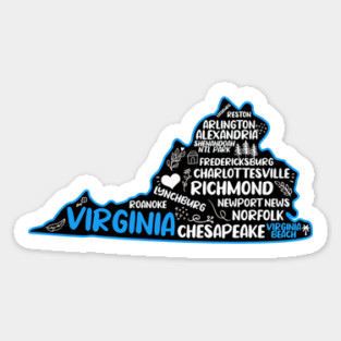 Virginia Beach Virginia cute map, Norfolk, Richmond, Arlington, Newport News, Alexandria, Hampton, Roanoke, Suffolk, Reston Sticker